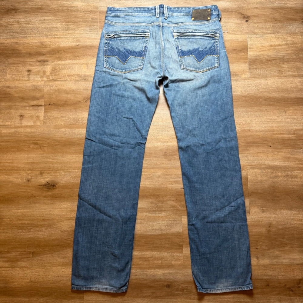 Diesel Yarik Jeans Mens 34x34 Blue Straight Leg Wash 0089W Embroidered Distress